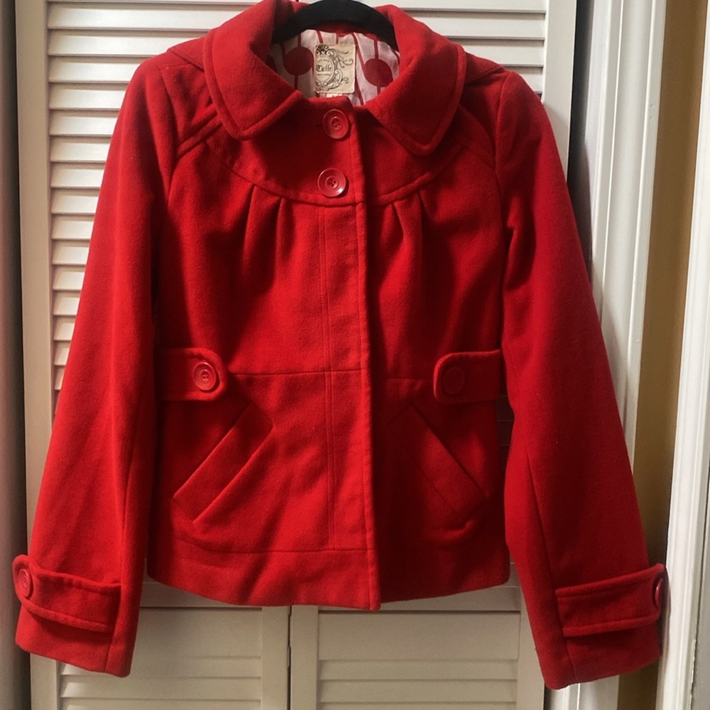 Anthropologie Tulle Women's Red Peacoat Jacket Button Snap Down Size M